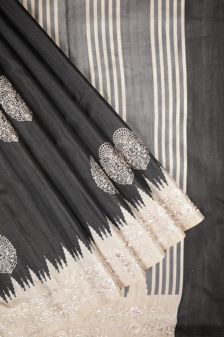 Asphalt Black Tussar Saree with Without Zari Zari Buttis (small Dots Or Motifs) view 1