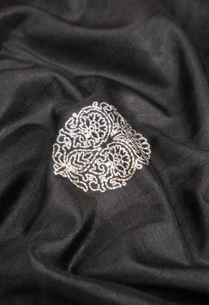 Asphalt Black Tussar Saree with Without Zari Zari Buttis (small Dots Or Motifs)