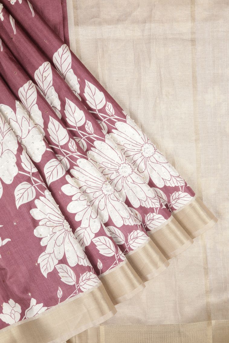 Rosewood Pink Tussar Saree with Without Zari Zari Floral Patterns view 1