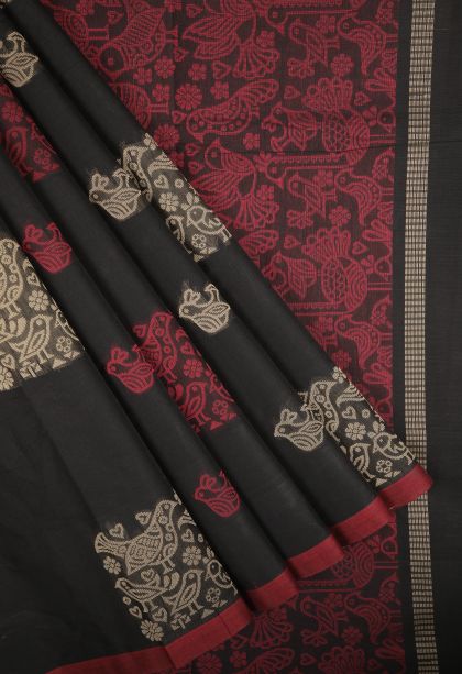 Asphalt Black Poly Cotton Sarees with Without Zari Zari Buttis (small Dots Or Motifs)
