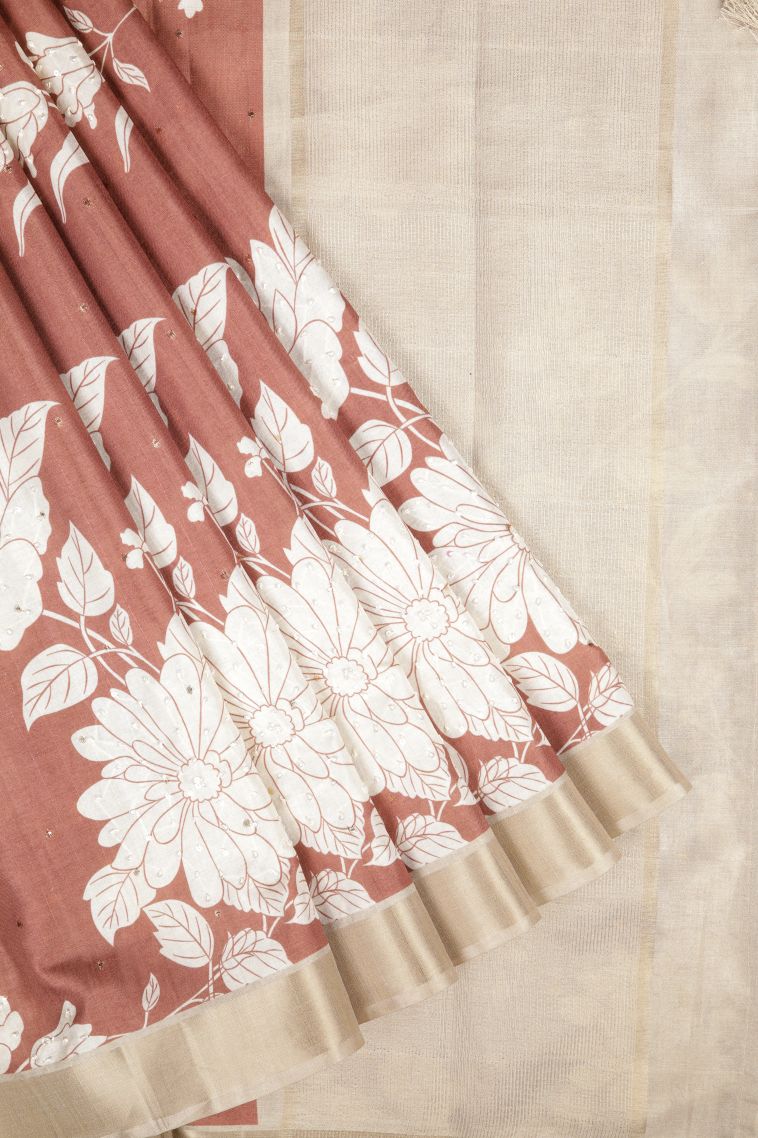 Bronze Orange Tussar Saree with Without Zari Zari Floral Patterns view 1