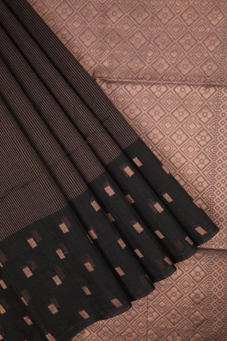 Asphalt Black Silk Cotton Sarees with Copper Zari Stripes view 1