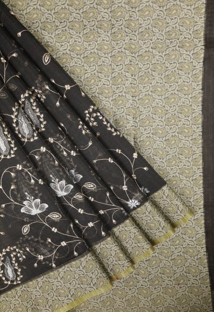 Asphalt Black Tussar Saree with Without Zari Zari Floral Patterns