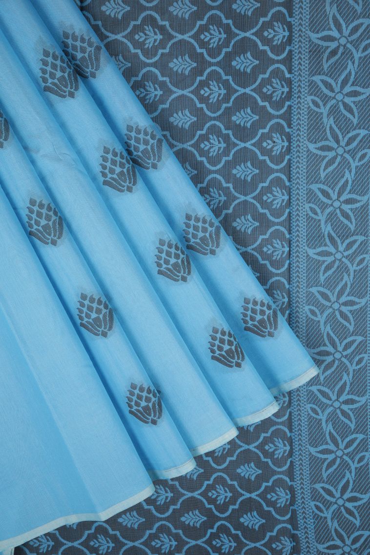 Sky Blue Silk Cotton with Without Zari Zari Buttis (small Dots Or Motifs) view 1