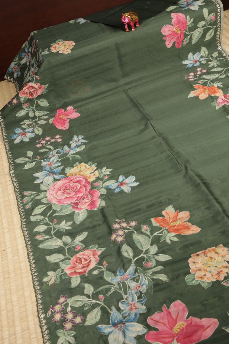 Basil Green Tussar Saree with Without Zari Zari Floral Patterns view 2