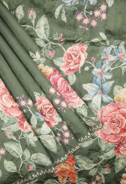 Basil Green Tussar Saree with Without Zari Zari Floral Patterns