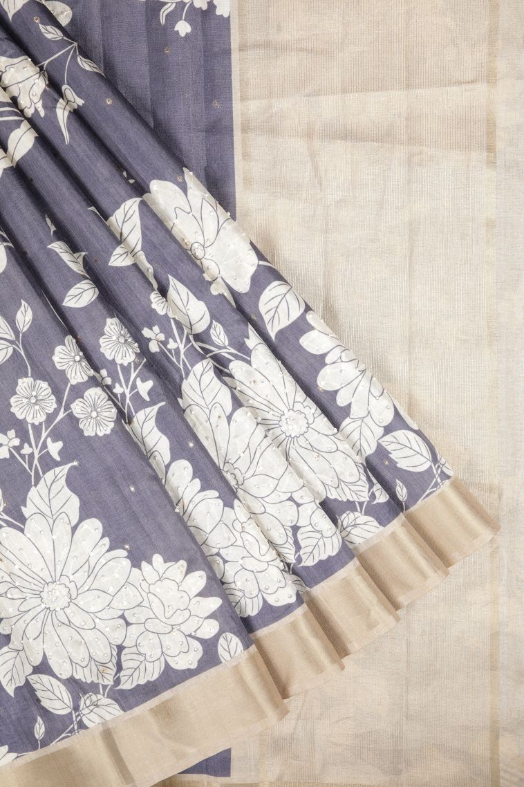 Slate Blue Tussar Saree with Without Zari Zari Floral Patterns view 1
