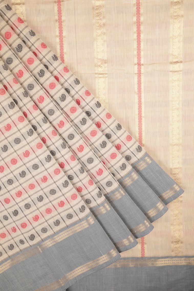 Cream White Pure Handloom Kovai Cotton with Without Zari Zari Peacock Motifs view 1