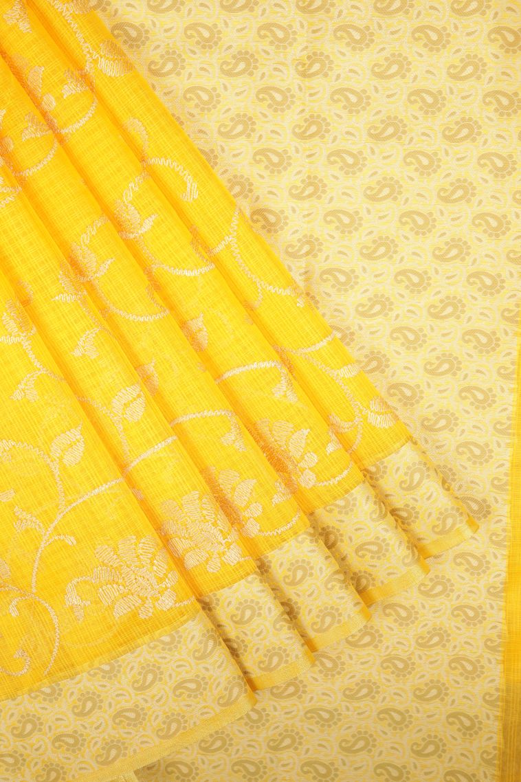 Lemon Yellow Tussar Saree with Without Zari Zari Floral Patterns view 1