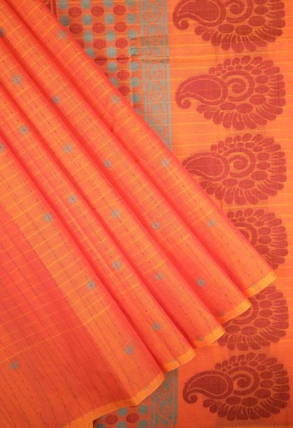 Coral Pink Kovai Cotton Sarees with Without Zari Zari Checks
