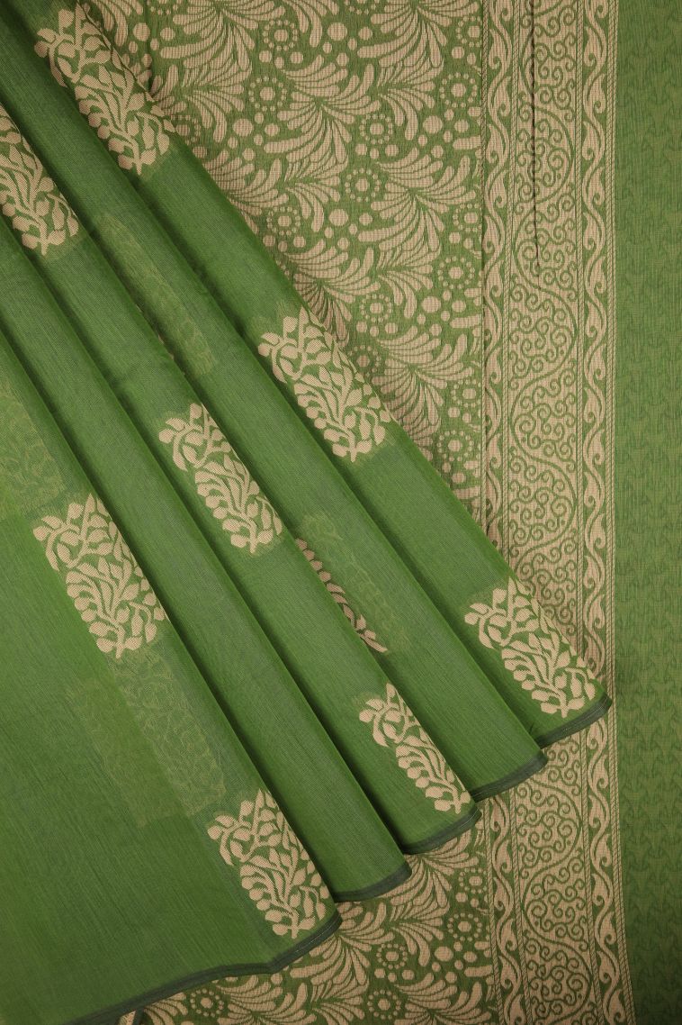 Basil Green Silk Cotton with Without Zari Zari Buttis (small Dots Or Motifs) view 1