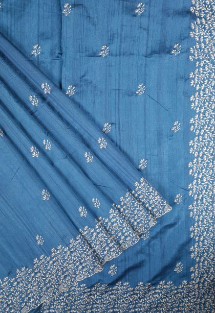 Cerulean Blue Tussar Saree with Without Zari Zari Buttis (small Dots Or Motifs)