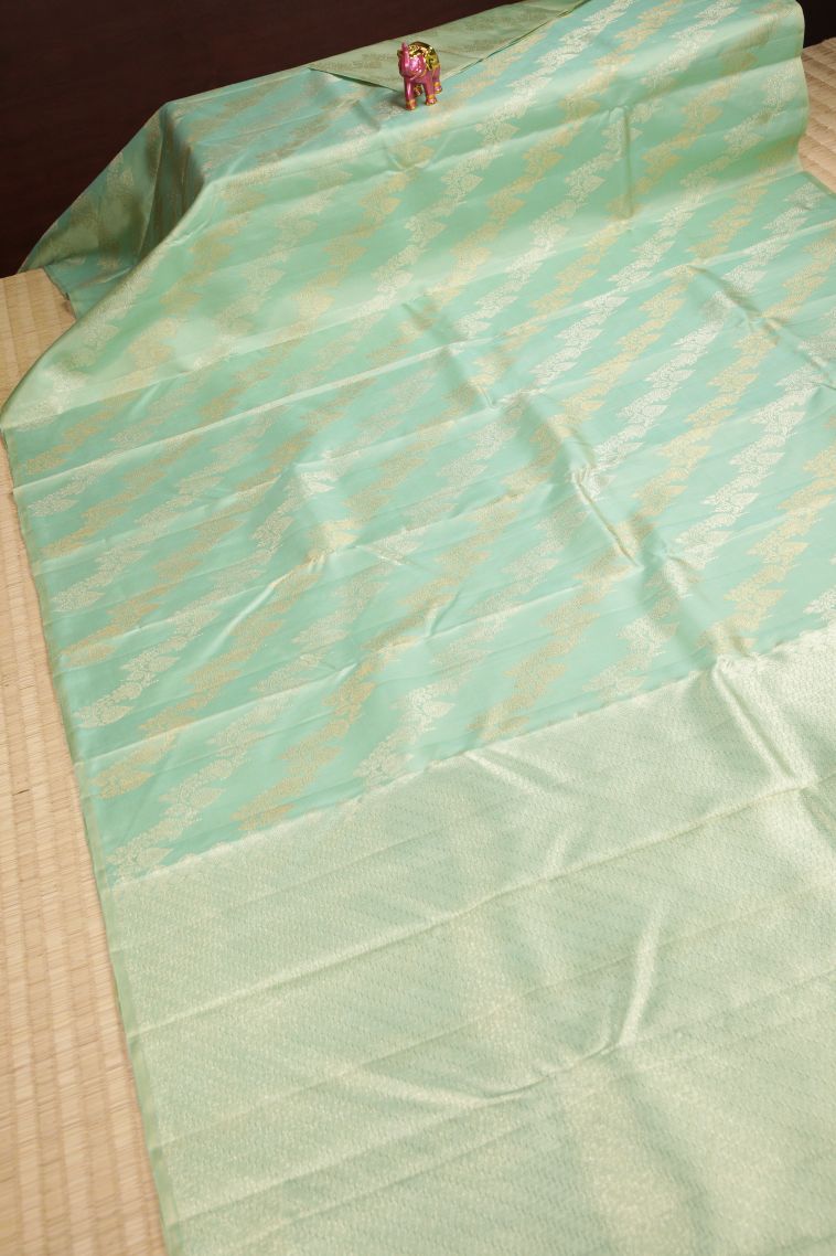 Mint Green Kanchipuram Silk Sarees with Gold And Silver Zari Floral Patterns view 2