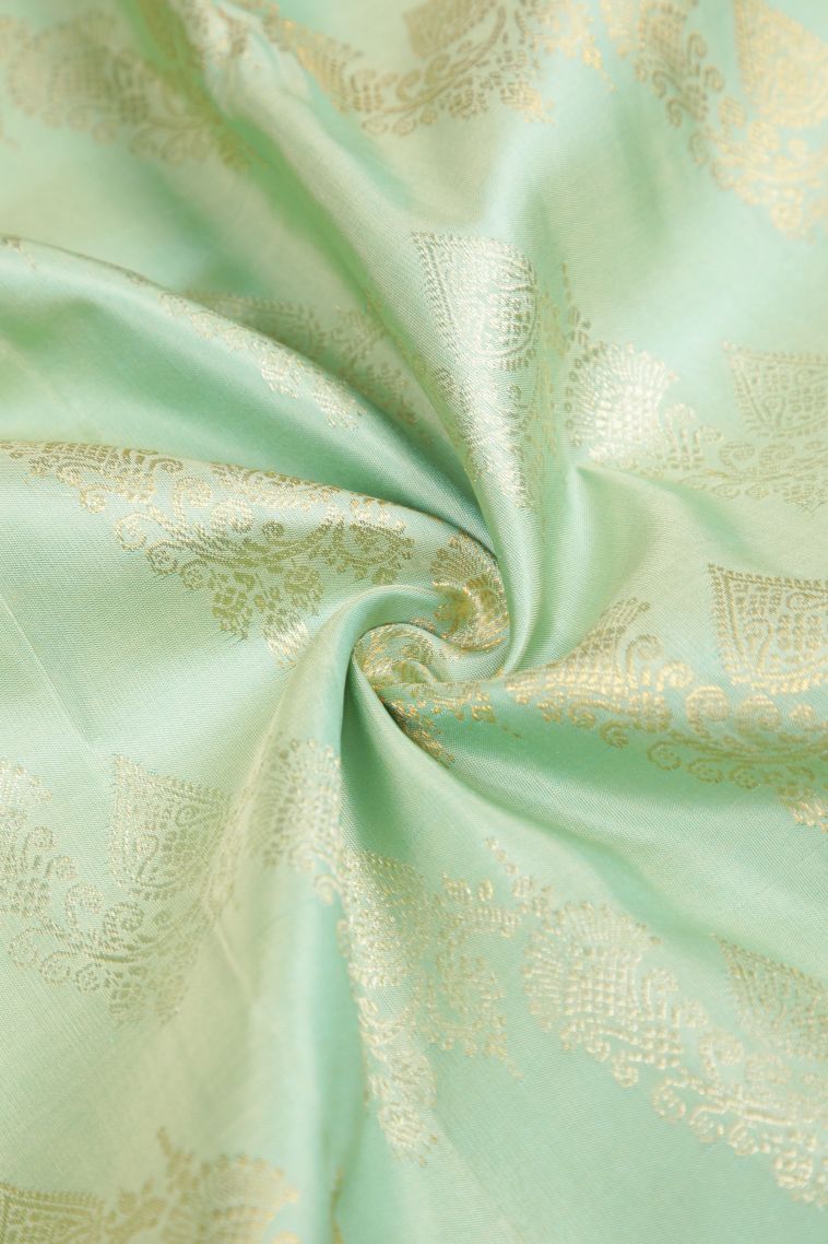 Mint Green Kanchipuram Silk Sarees with Gold And Silver Zari Floral Patterns view 4