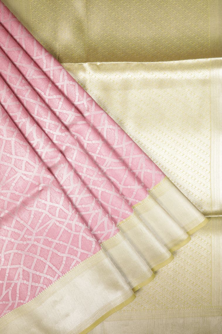 Blush Pink Tussar Saree with Silver Zari Floral Patterns view 1