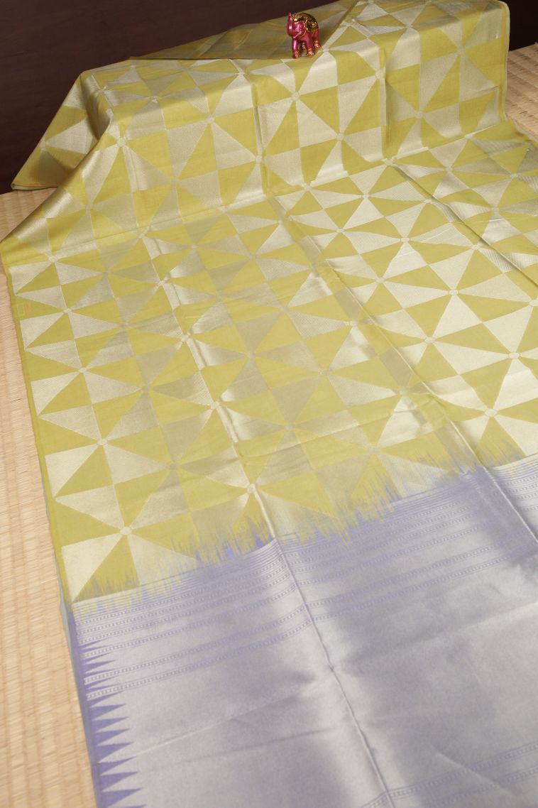 Gold Tussar Saree with Silver Zari Geometric Shapes view 2