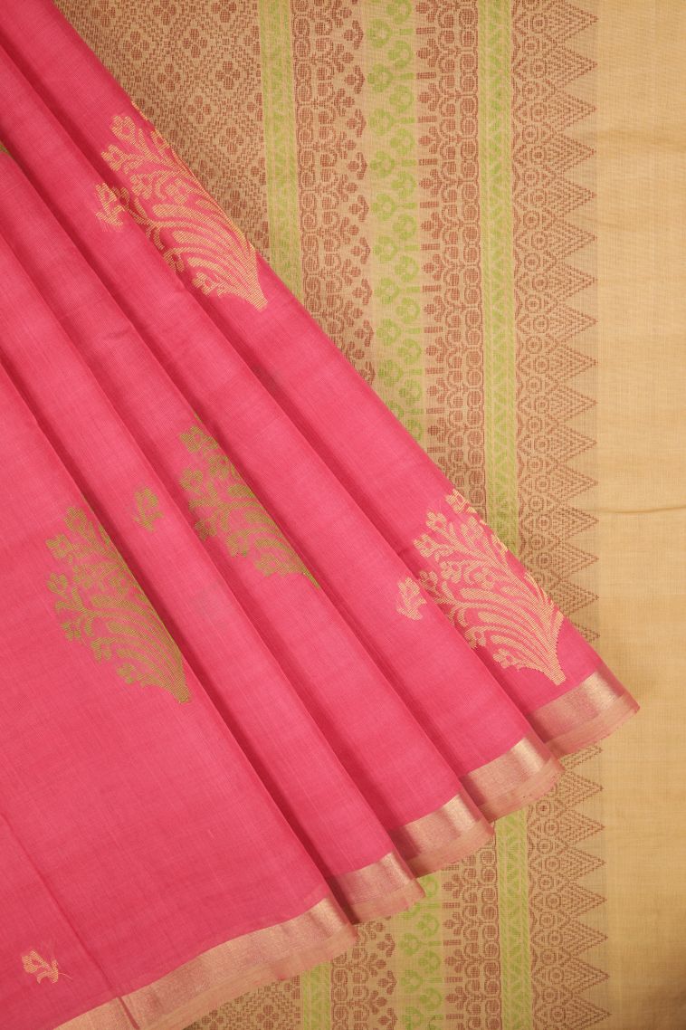 Bubblegum Pink Pure Handloom Kovai Cotton with Without Zari Zari Buttis (small Dots Or Motifs) view 1
