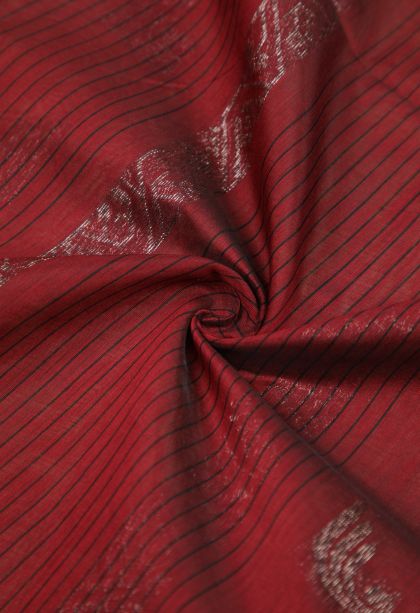 Apple Red Silk Cotton Sarees with Bronze Zari Stripes