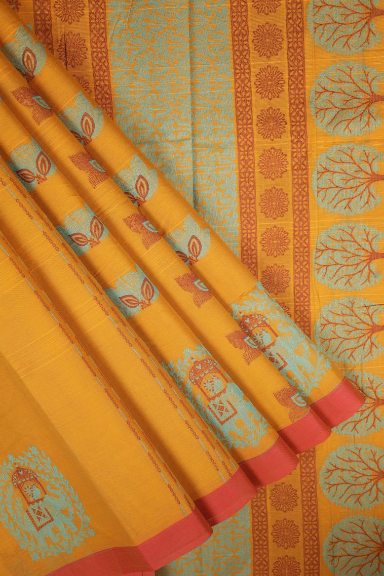 Honey Orange Kovai Cotton Sarees with Without Zari Zari Buttis (small Dots Or Motifs) view 1