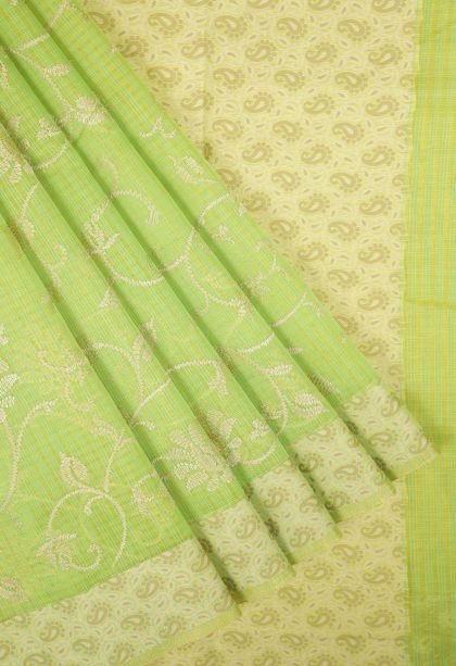 Lime Green Tussar Saree with Without Zari Zari Floral Patterns