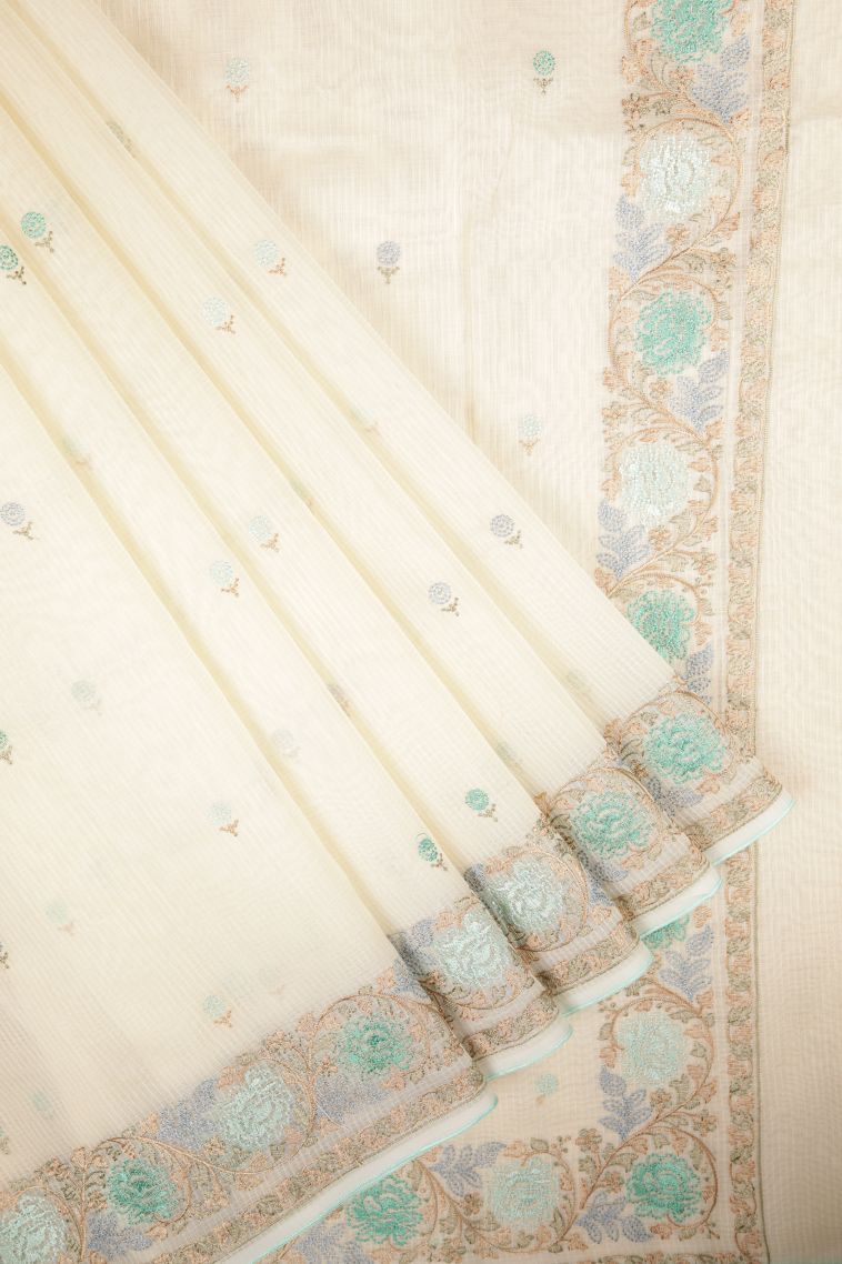 Cream White Tussar Saree with Without Zari Zari Buttis (small Dots Or Motifs) view 1