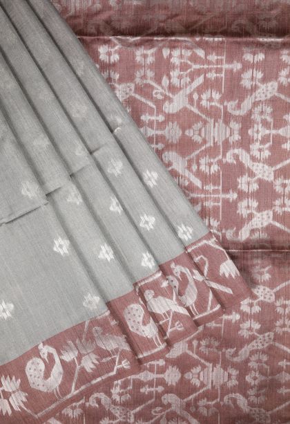 Gray Black Tussar Saree with Silver Zari Buttis (small Dots Or Motifs)