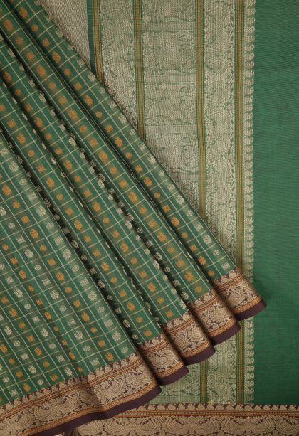 Basil Green Kalyani Cotton with Without Zari Zari Peacock Motifs