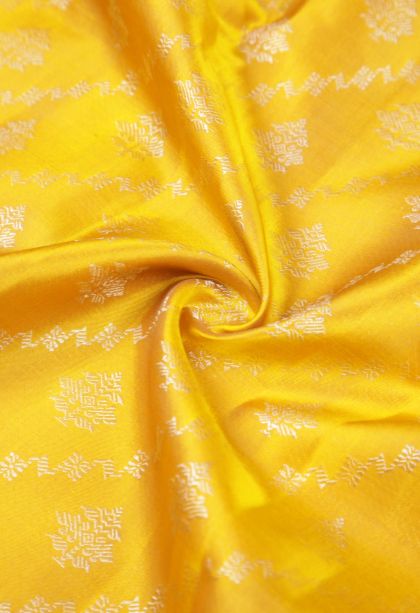 Lemon Yellow Kanchipuram Silk Sarees with Silver Zari Buttis (small Dots Or Motifs)