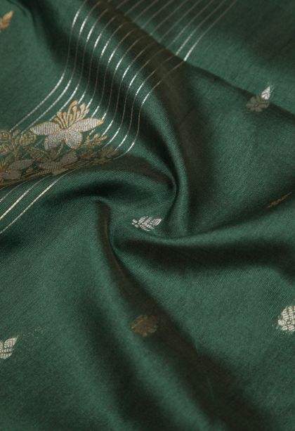 Basil Green Tussar Saree with Silver Zari Stripes