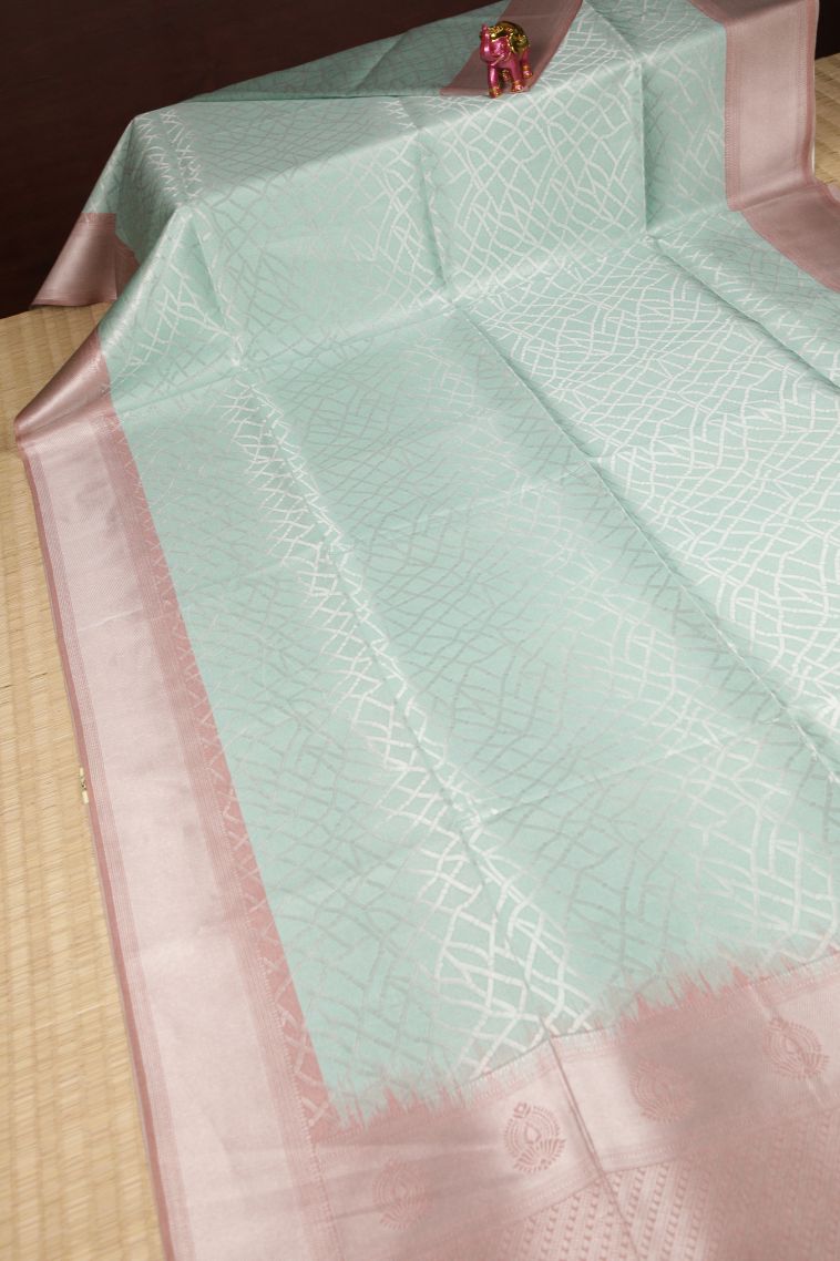 Arctic Blue Tussar Saree with Silver Zari Floral Patterns view 2