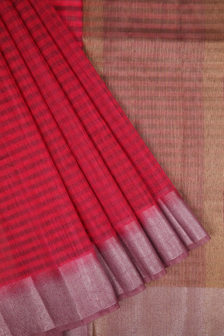 Rose  Red Tussar Saree with Without Zari Zari Stripes view 1