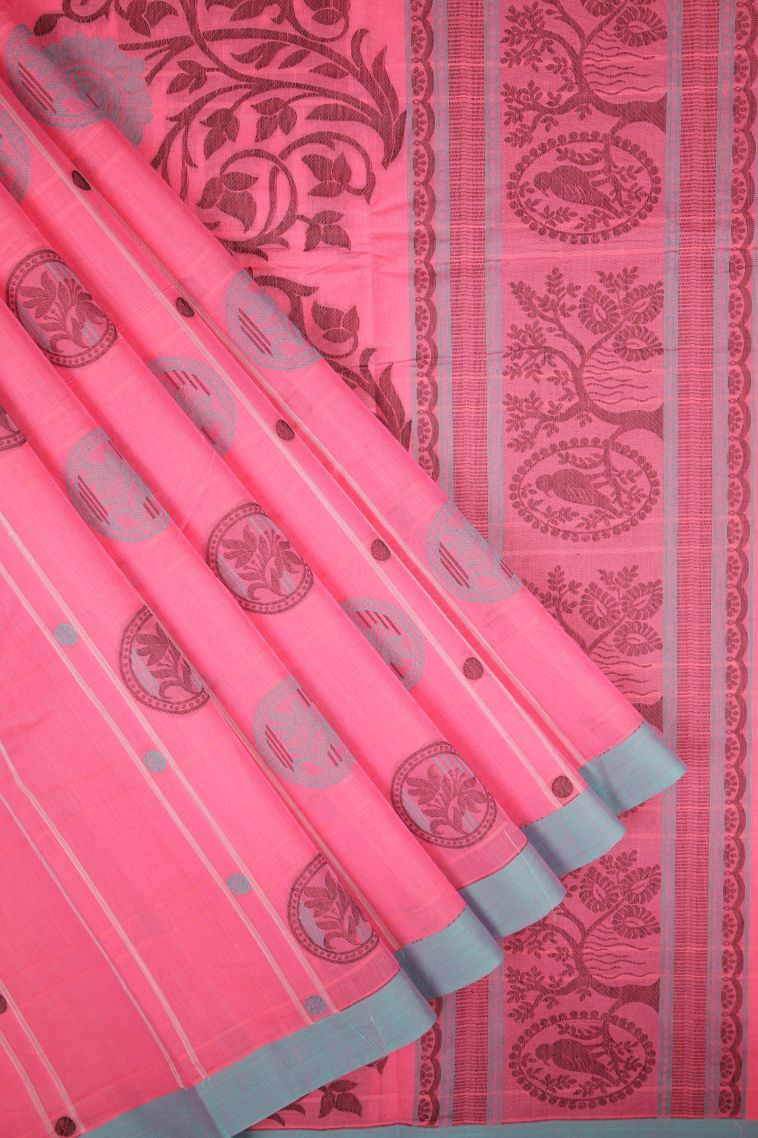 Ballet Pink Kovai Cotton Sarees with Without Zari Zari Buttis (small Dots Or Motifs) view 1