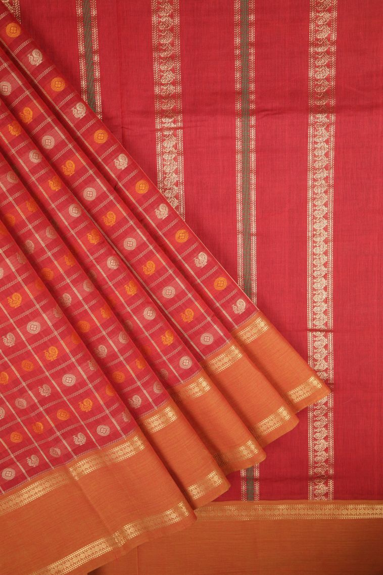 Candy Red Pure Handloom Kovai Cotton with Without Zari Zari Peacock Motifs view 1