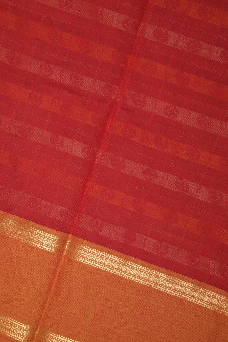 Candy Red Pure Handloom Kovai Cotton with Without Zari Zari Peacock Motifs view 3
