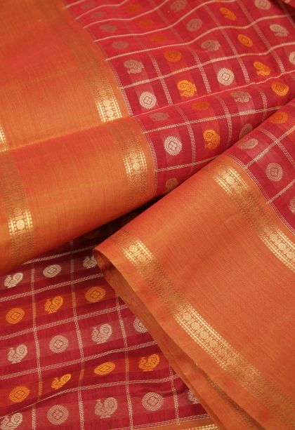 Candy Red Pure Handloom Kovai Cotton with Without Zari Zari Peacock Motifs