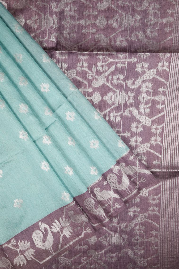 Arctic Blue Tussar Saree with Silver Zari Buttis (small Dots Or Motifs) view 1