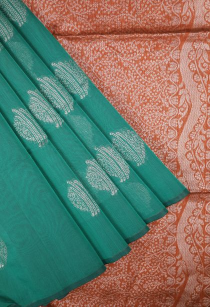 Ocean Blue Silk Cotton Sarees with Silver Zari Buttis (small Dots Or Motifs)