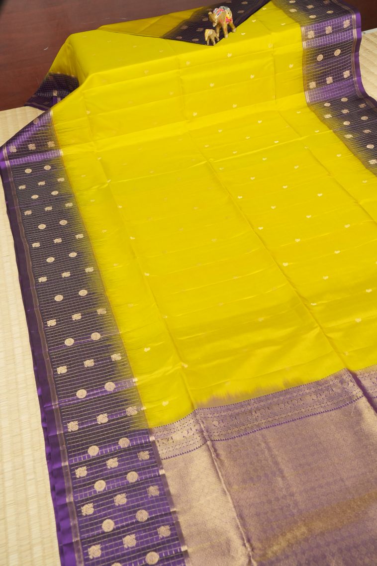 Chartreuse Green Soft Silk Saree with Gold Zari Buttis (small Dots Or Motifs) view 2