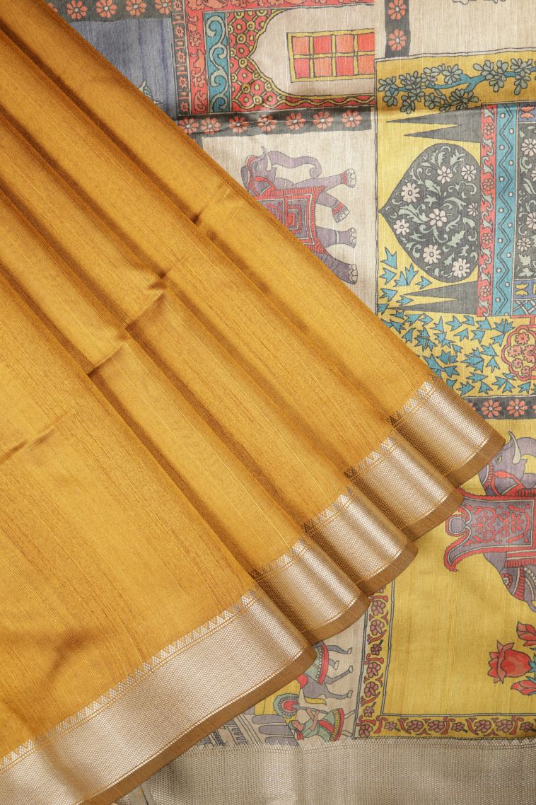 Gold Tussar Saree with Without Zari Zari Plain view 1