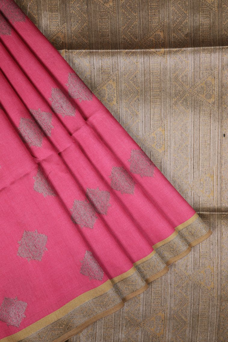 Punch Pink Tussar Saree with Bronze Zari Buttis (small Dots Or Motifs) view 1