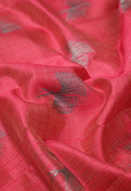 Punch Pink Tussar Saree with Bronze Zari Buttis (small Dots Or Motifs)