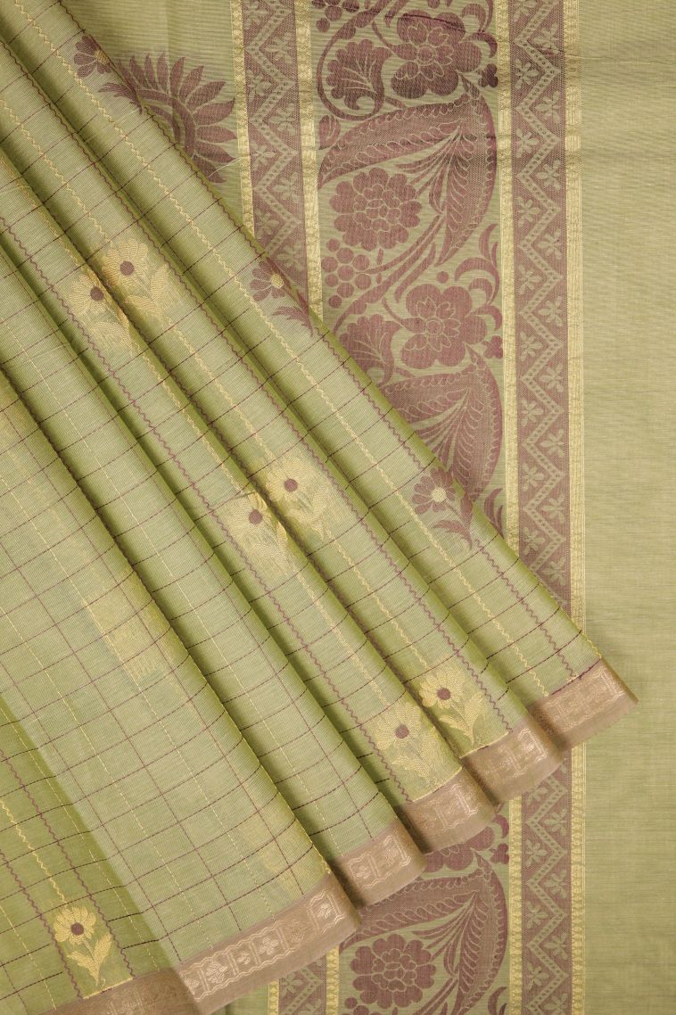 Olive Green Kovai Cotton Sarees with Without Zari Zari Checks view 1