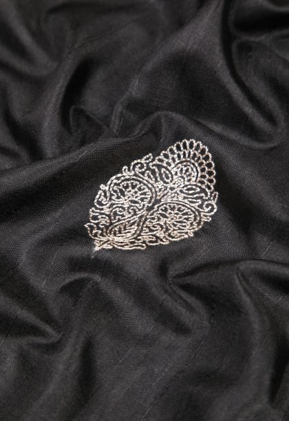 Asphalt Black Tussar Saree with Without Zari Zari Buttis (small Dots Or Motifs)