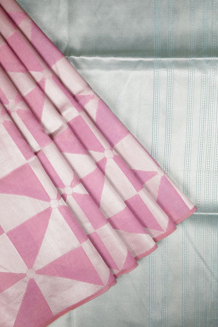 Ballet Pink Tussar Saree with Silver Zari Geometric Shapes view 1
