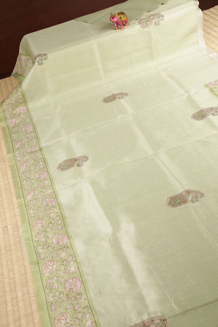 Pistachio Green Tussar Saree with Without Zari Zari Buttis (small Dots Or Motifs) view 2