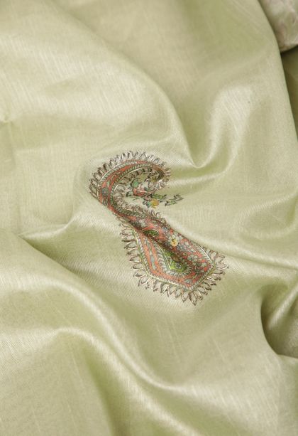 Pistachio Green Tussar Saree with Without Zari Zari Buttis (small Dots Or Motifs)