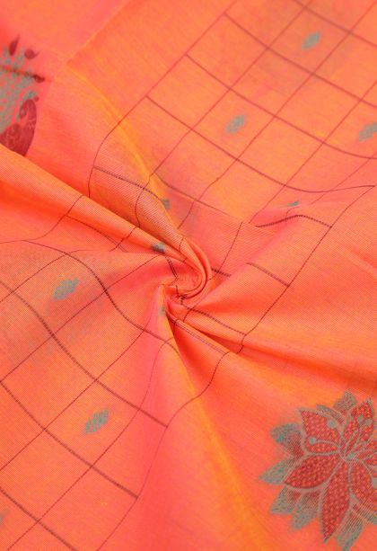 Coral Pink Kovai Cotton Sarees with Without Zari Zari Checks