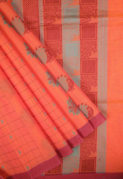 Coral Pink Kovai Cotton Sarees with Without Zari Zari Checks