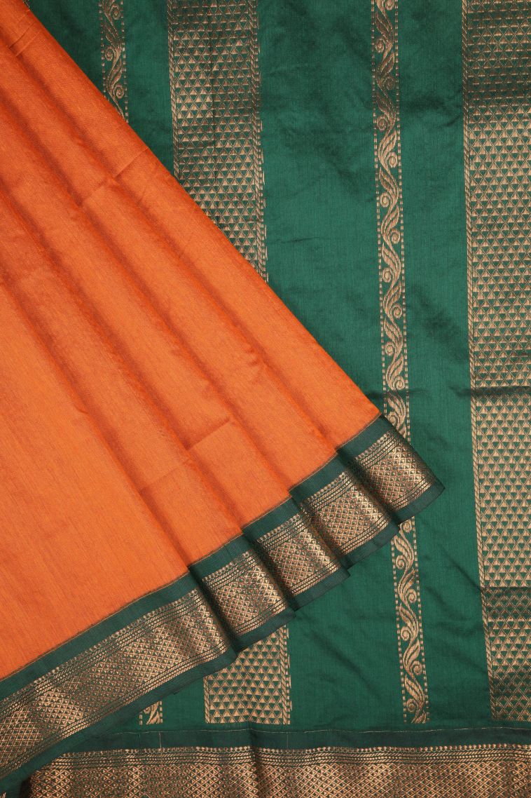 Tiger Orange Kalyani Cotton with Without Zari Zari Plain view 1