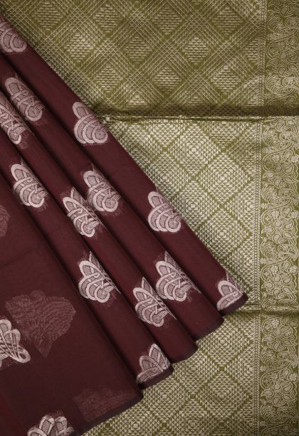 Berry Red Silk Cotton Sarees with Bronze Zari Buttis (small Dots Or Motifs)